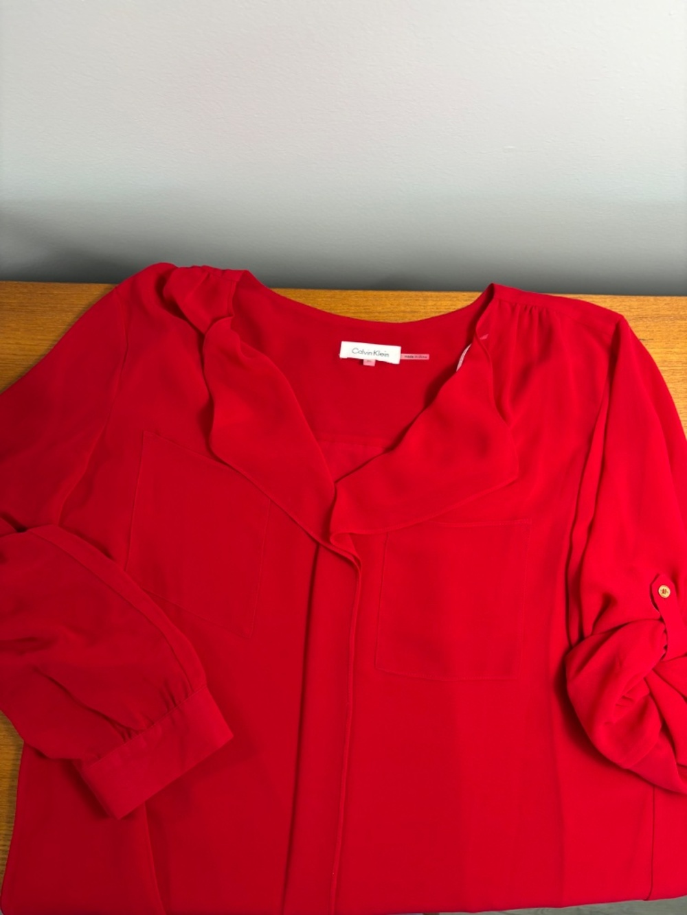 NEW Calvin Klein Red Flowy Long Sleeve Blouse with Button-Back Cuffs